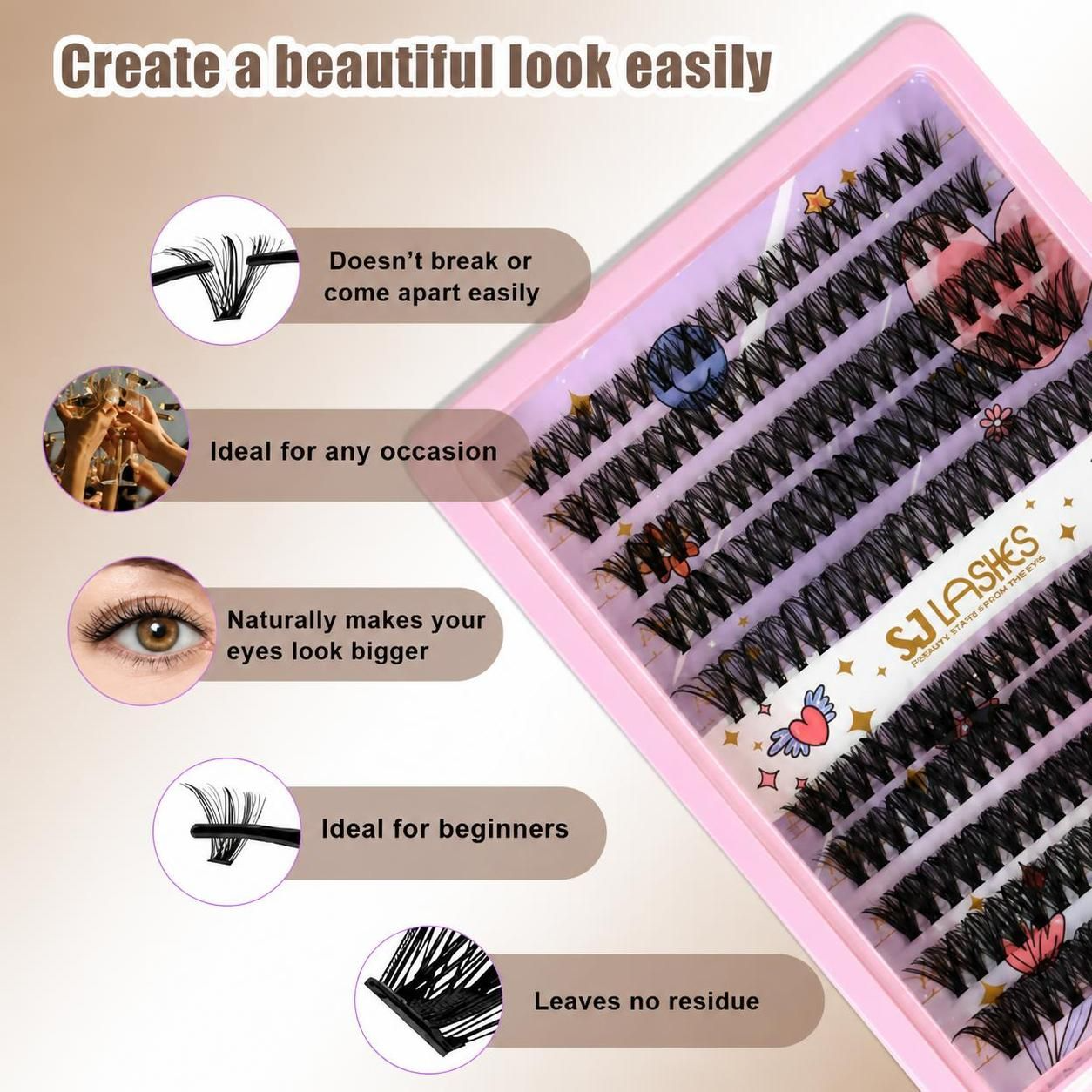 SJLASHES DIY Cluster Lash Extension Kit Waterproof Bond and Seal with Tweezers