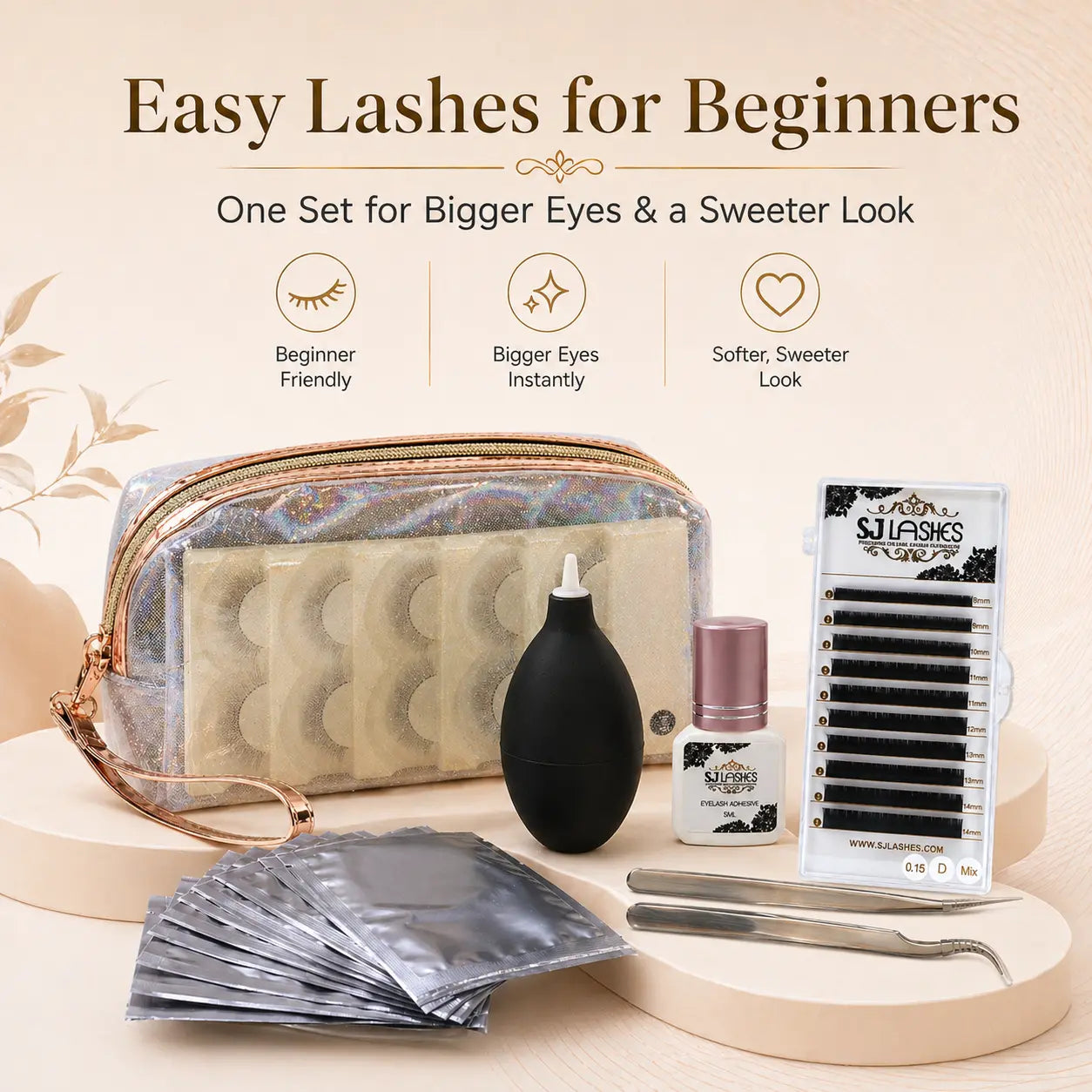 SJ LASHES Eyelash Extension Kit - Complete Faux Mink 3D Lash Practice Set for Beginners & Pros with Premium Glue Remover Tweezers & More - Flawless, Makeup
