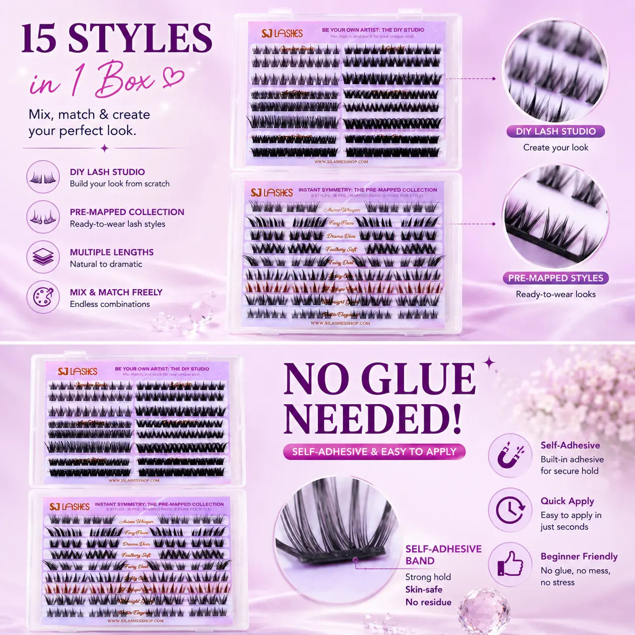 Self Adhesive DIY Lash Extension Kit Pre Mapped Clusters No Glue Needed 15 Styles Natural to Glam