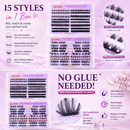 Self Adhesive DIY Lash Extension Kit Pre Mapped Clusters No Glue Needed 15 Styles Natural to Glam