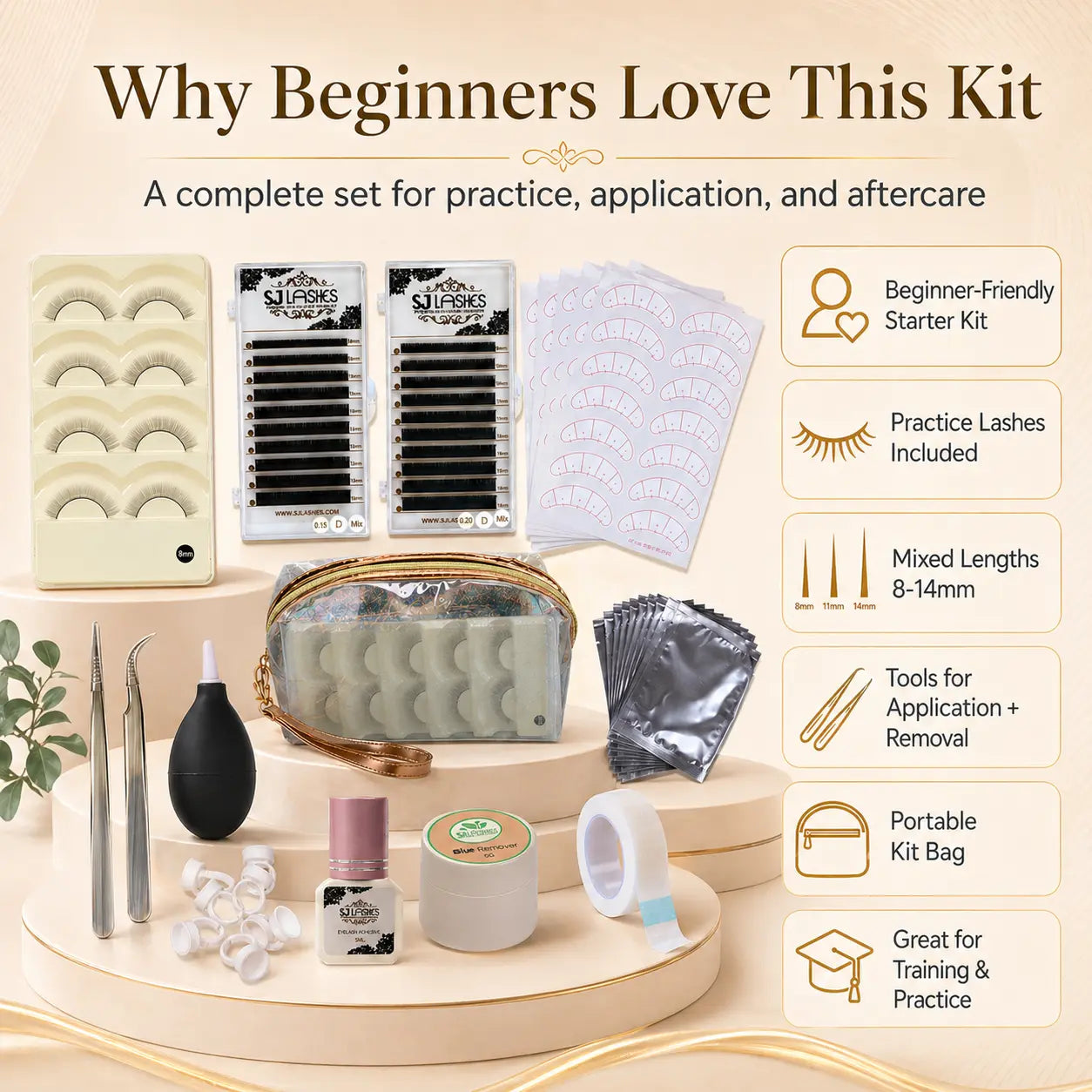 SJ LASHES Eyelash Extension Kit - Complete Faux Mink 3D Lash Practice Set for Beginners & Pros with Premium Glue Remover Tweezers & More - Flawless, Makeup