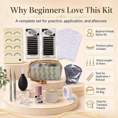 SJ LASHES Eyelash Extension Kit - Complete Faux Mink 3D Lash Practice Set for Beginners & Pros with Premium Glue Remover Tweezers & More - Flawless, Makeup
