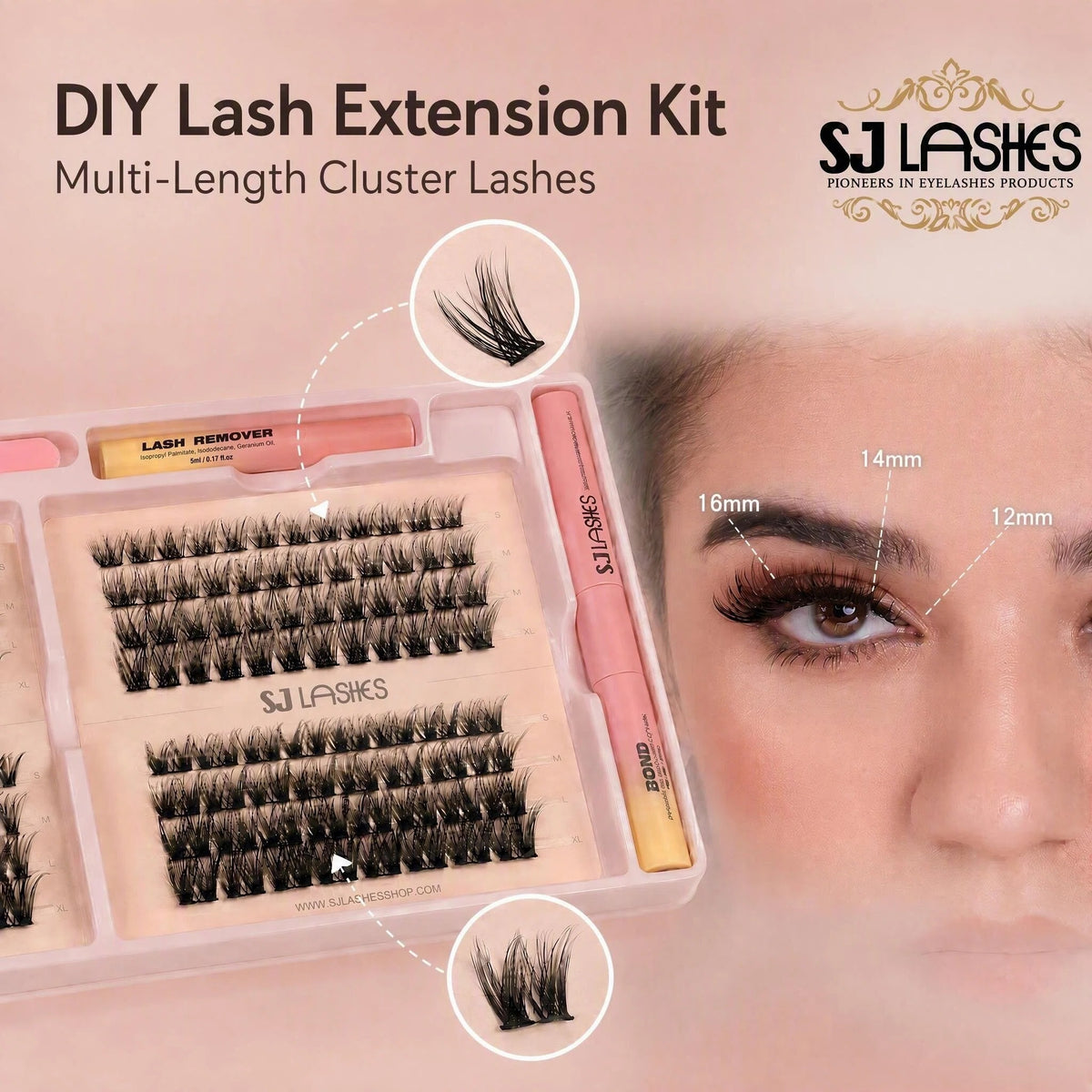SJ LASHES DIY Professional Lash Extension Kit - Multi-Style Cluster Lashes (10-16mm) with Dual-Ended Bond & Seal and Lash Remover