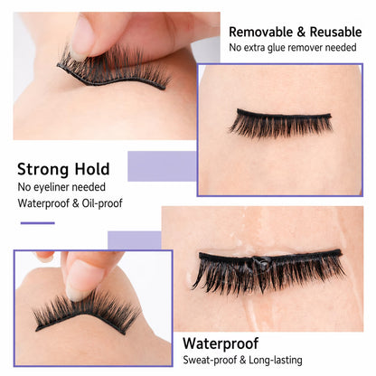 Natural Wispy Press-On False Eyelashes Kit - Self Adhesive Reusable Cat Eye Lashes No Glue Needed