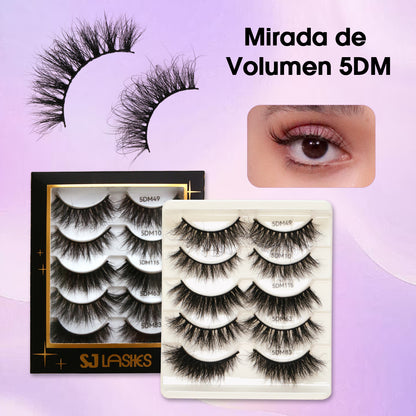 SJLashes 5D Volume False Eyelashes 5 Pairs Mixed Styles Handmade Fluffy Mink Lashes with Soft Cotton Band– Luxury Pro Black Edition