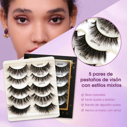 SJLashes 5D Volume False Eyelashes 5 Pairs Mixed Styles Handmade Fluffy Mink Lashes with Soft Cotton Band– Luxury Pro Black Edition