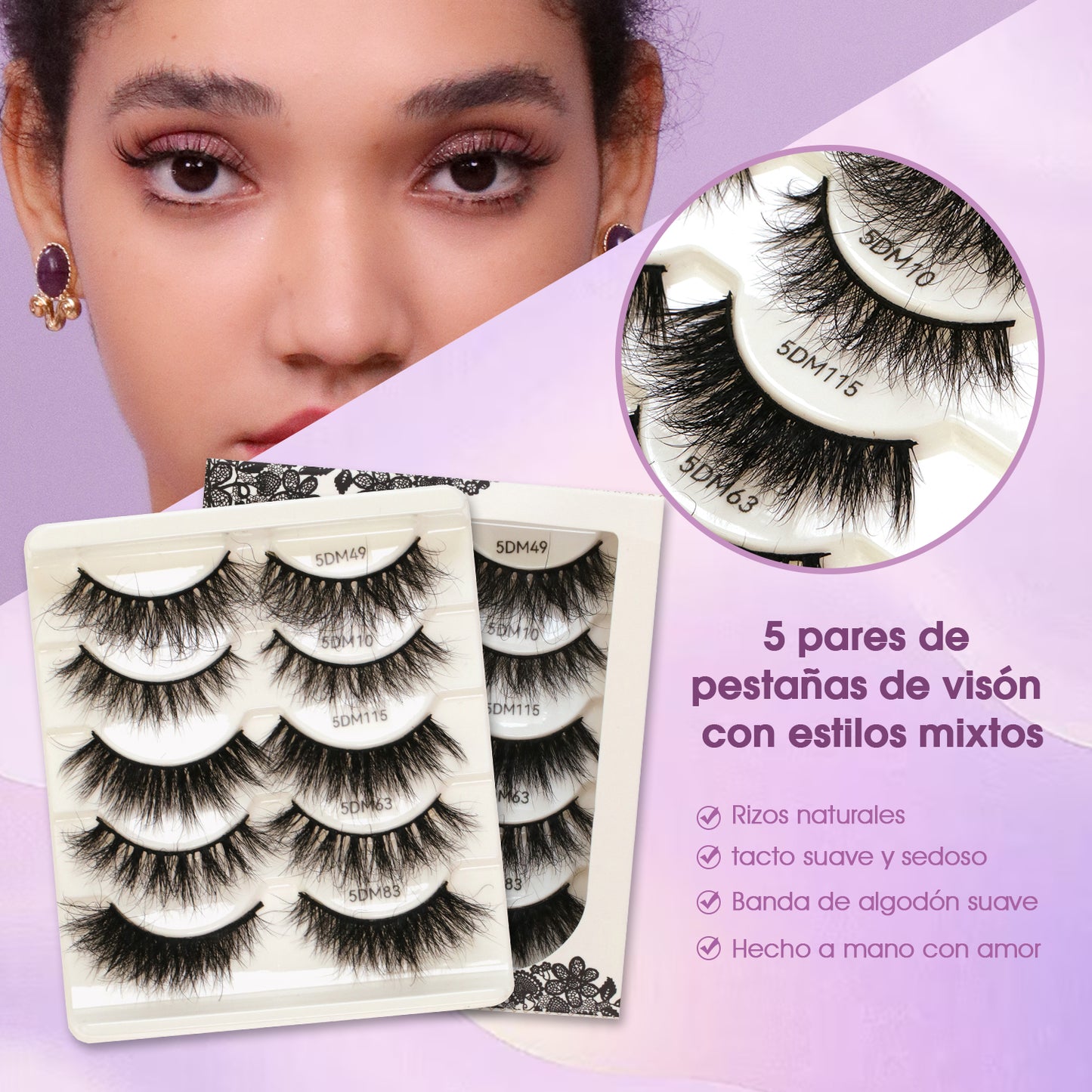 SJLashes 5D Volume False Eyelashes 5 Pairs Mixed Styles Handmade Fluffy Mink Lashes with Soft Cotton Band
