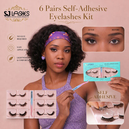 SJ LASHES Self-Adhesive Magic False Lashes Kit - 6 Pairs Reusable Pre-Glued Eyelashes with Pro Applicator - No Glue 3-Second Application