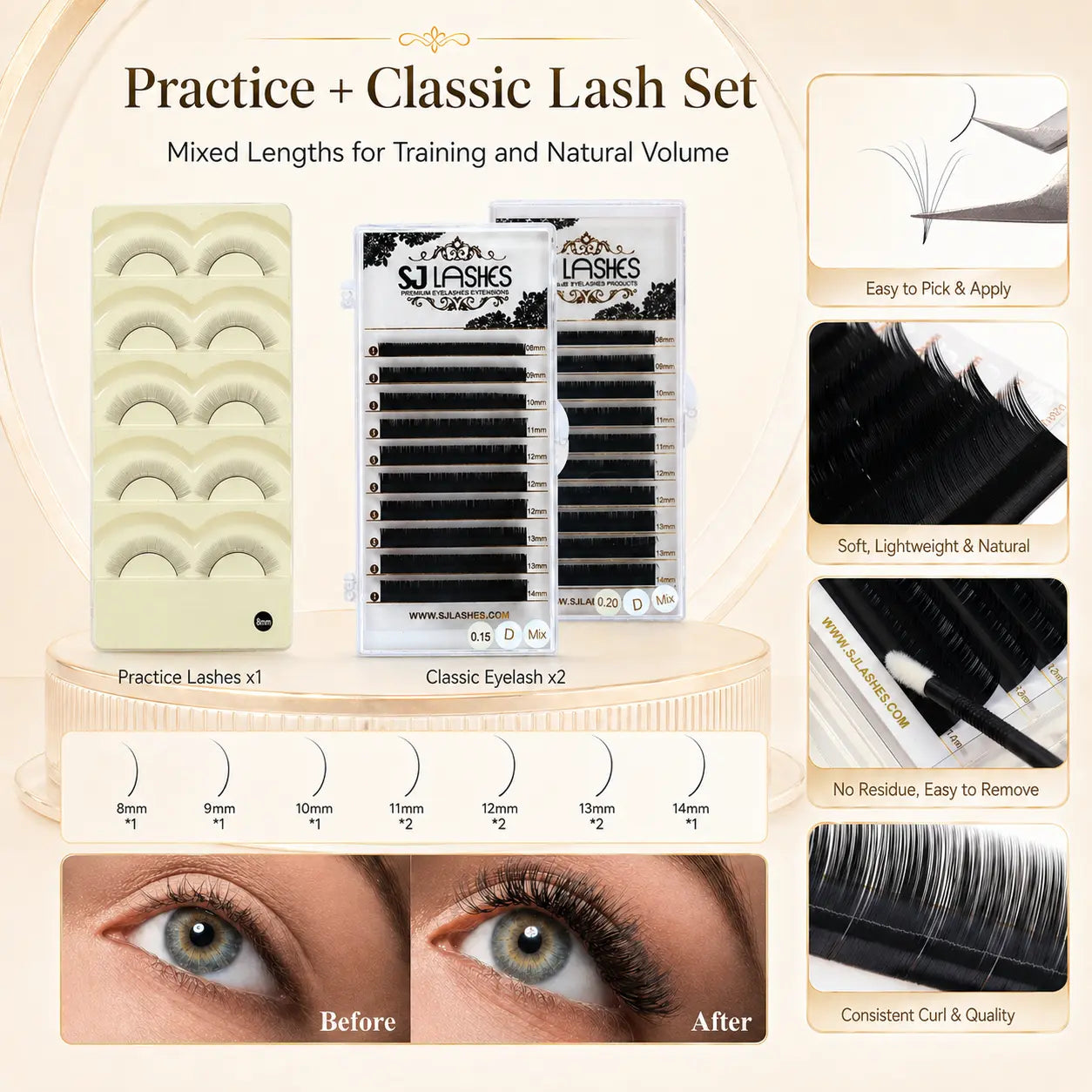 SJ LASHES Eyelash Extension Kit - Complete Faux Mink 3D Lash Practice Set for Beginners & Pros with Premium Glue Remover Tweezers & More - Flawless, Makeup