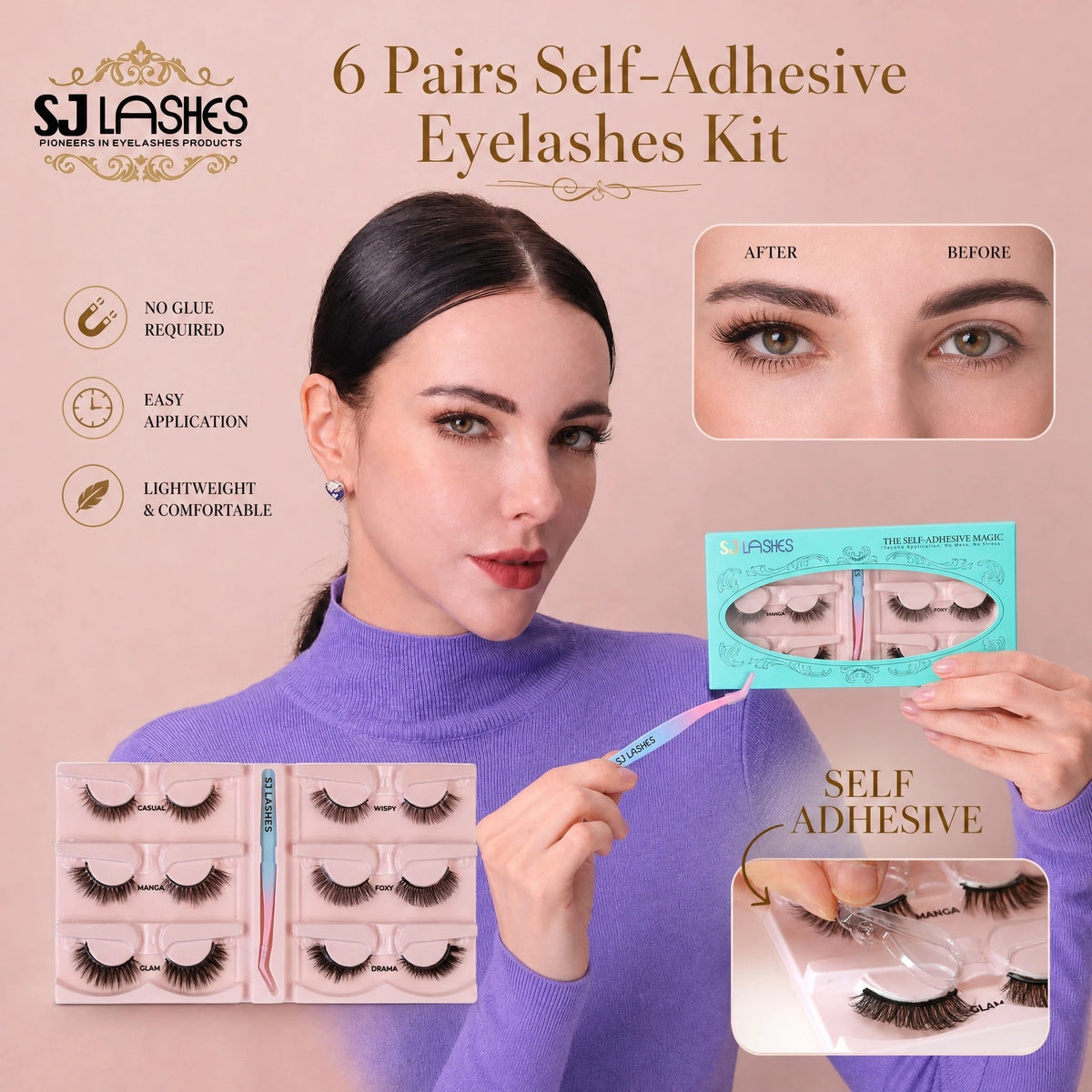 SJ LASHES Self-Adhesive Magic False Lashes Kit - 6 Pairs Reusable Pre-Glued Eyelashes with Pro Applicator - No Glue 3-Second Application