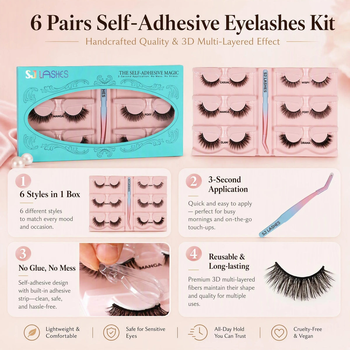 SJ LASHES Self-Adhesive Magic False Lashes Kit - 6 Pairs Reusable Pre-Glued Eyelashes with Pro Applicator - No Glue 3-Second Application