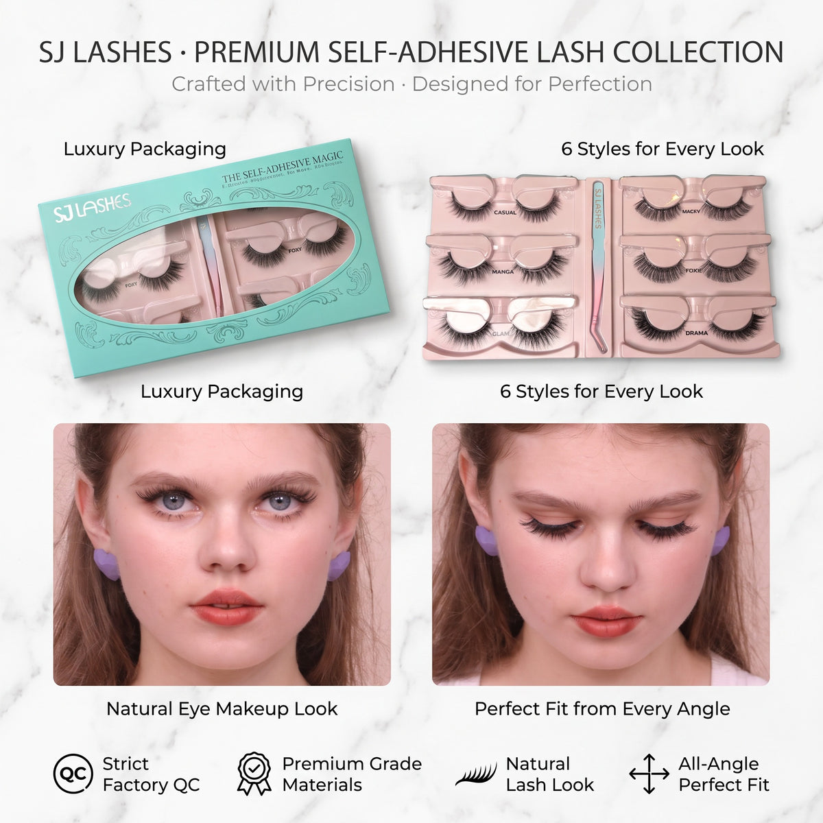 SJ LASHES Self-Adhesive Magic False Lashes Kit - 6 Pairs Reusable Pre-Glued Eyelashes with Pro Applicator - No Glue 3-Second Application