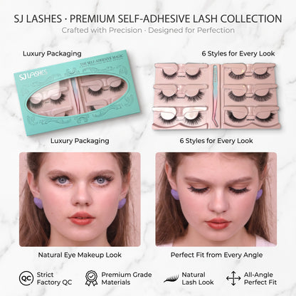SJ LASHES Self-Adhesive Magic False Lashes Kit - 6 Pairs Reusable Pre-Glued Eyelashes with Pro Applicator - No Glue 3-Second Application