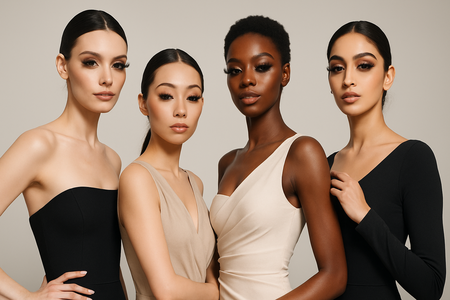 几个模特佩戴睫毛 全景 