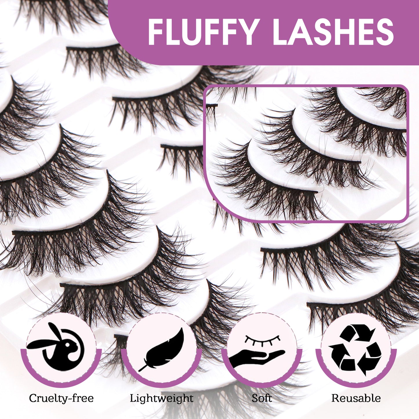 Fluffy Faux Mink False Eyelashes 10 Pairs - C-Curl, Waterproof & Hypoallergenic Fake Lashes (Black)