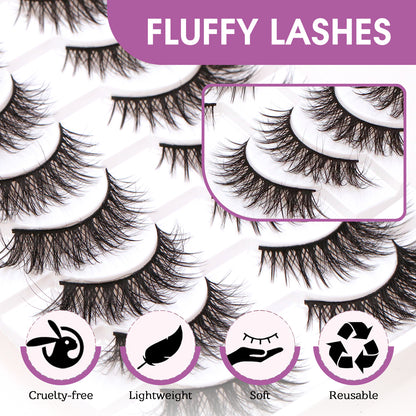 Fluffy Faux Mink False Eyelashes 10 Pairs - C-Curl, Waterproof & Hypoallergenic Fake Lashes (Black)
