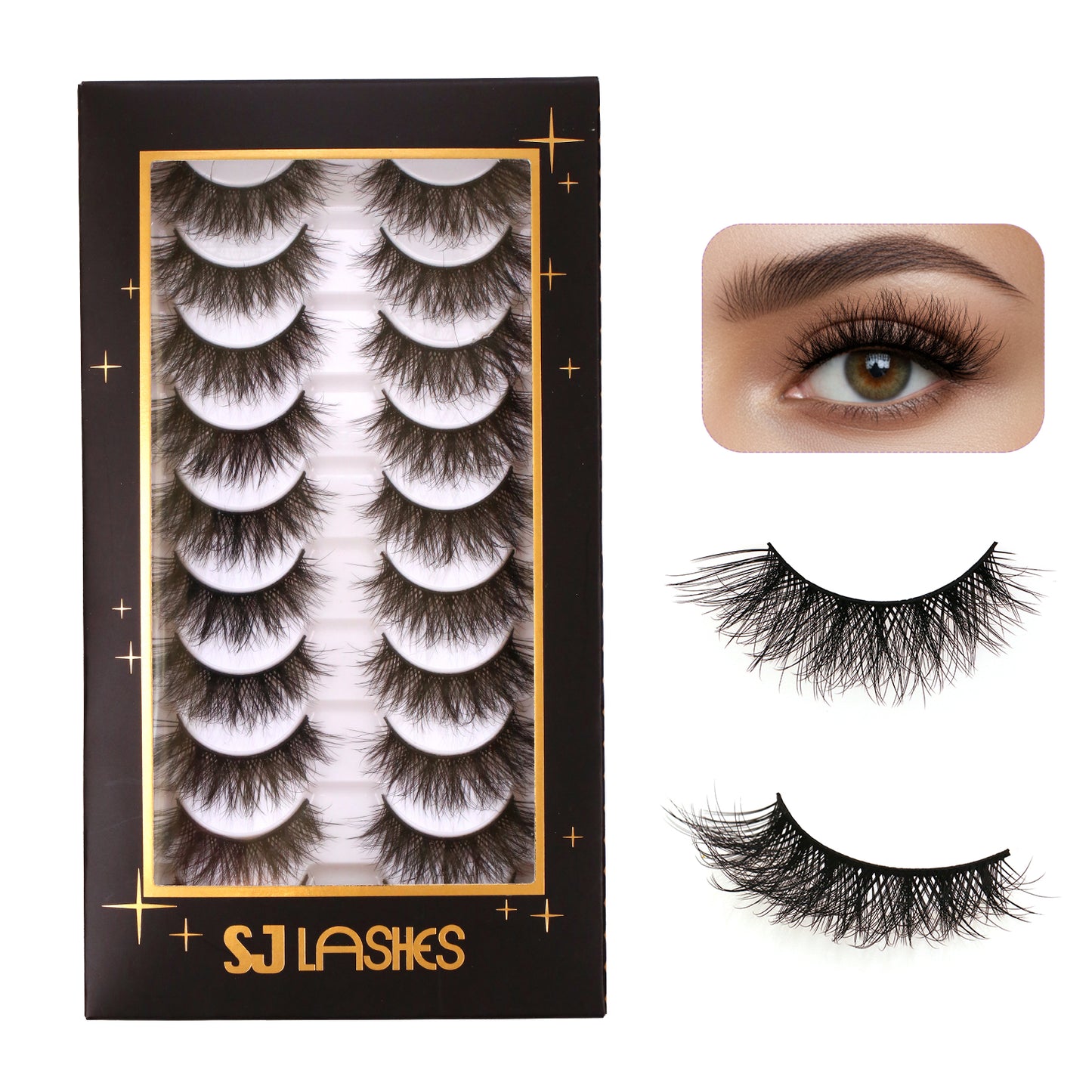 Fluffy Faux Mink False Eyelashes 10 Pairs - C-Curl, Waterproof & Hypoallergenic Fake Lashes (Black)