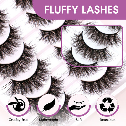 Fluffy Faux Mink False Eyelashes 10 Pairs - C-Curl, Waterproof & Hypoallergenic Fake Lashes (Black)