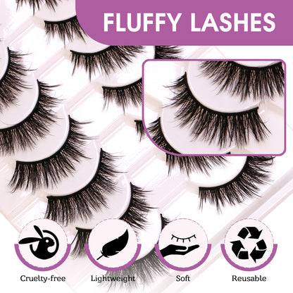 Fluffy Faux Mink False Eyelashes 10 Pairs - C-Curl, Waterproof & Hypoallergenic Fake Lashes (Black)
