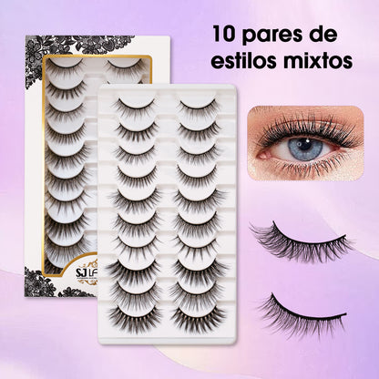 10 Pairs Faux Mink False Eyelashes Mixed Styles Multipack Fluffy Natural to Dramatic Handmade Lashes with Soft Cotton Band