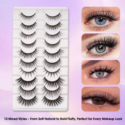 SJ Lashes 10 Pairs 3D False Eyelashes Kit Mixed Styles Natural to Fluffy Volume Lash Set with Glue and Tweezers