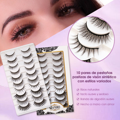 10 Pairs Faux Mink False Eyelashes Mixed Styles Multipack Fluffy Natural to Dramatic Handmade Lashes with Soft Cotton Band