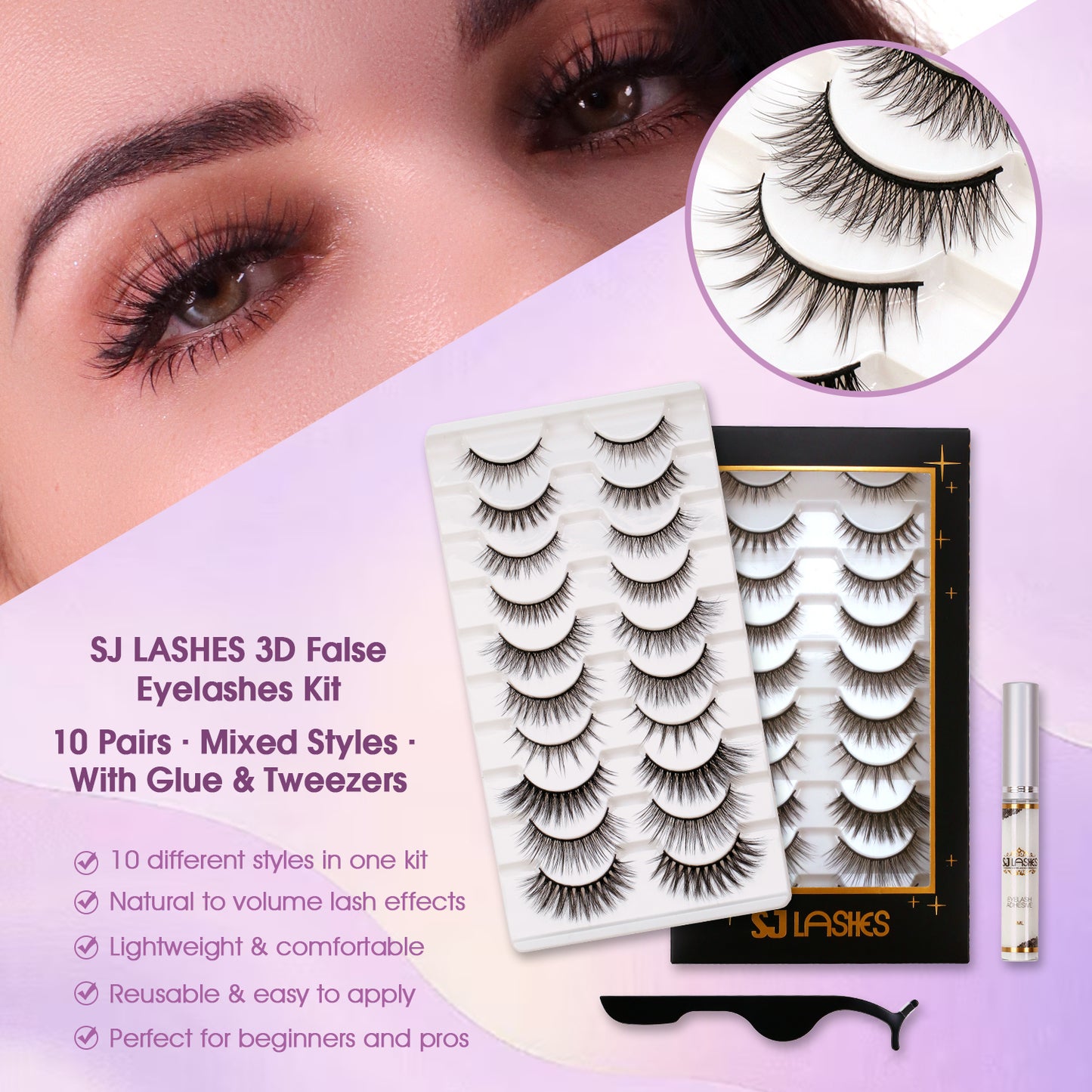 SJ Lashes 10 Pairs 3D False Eyelashes Kit Mixed Styles Natural to Fluffy Volume Lash Set with Glue and Tweezers