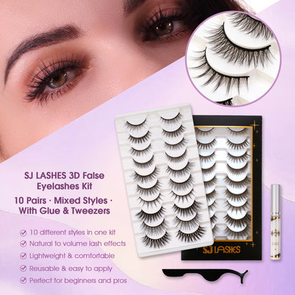 SJ Lashes 10 Pairs 3D False Eyelashes Kit Mixed Styles Natural to Fluffy Volume Lash Set with Glue and Tweezers