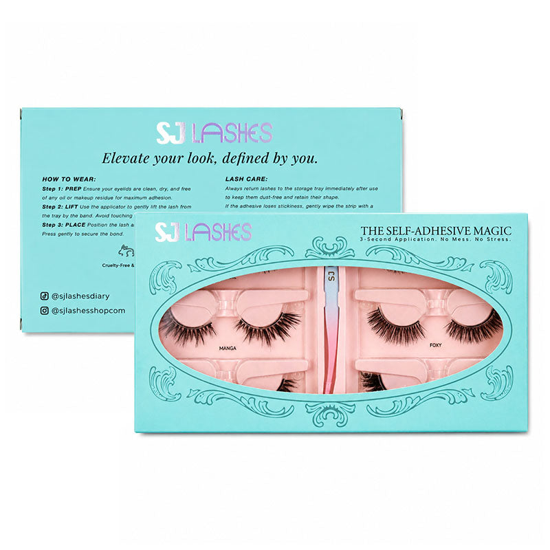SJ LASHES Self-Adhesive Magic False Lashes Kit - 6 Pairs Reusable Pre-Glued Eyelashes with Pro Applicator - No Glue 3-Second Application