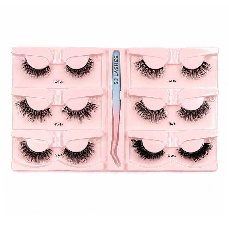 SJ LASHES Self-Adhesive Magic False Lashes Kit - 6 Pairs Reusable Pre-Glued Eyelashes with Pro Applicator - No Glue 3-Second Application