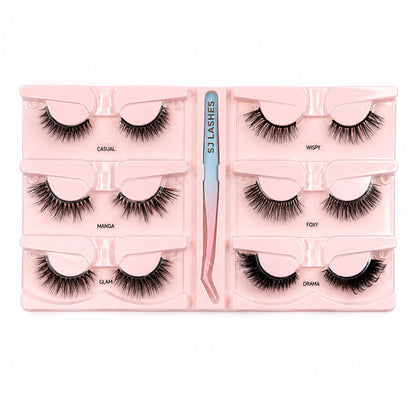 SJ LASHES Self-Adhesive Magic False Lashes Kit - 6 Pairs Reusable Pre-Glued Eyelashes with Pro Applicator - No Glue 3-Second Application