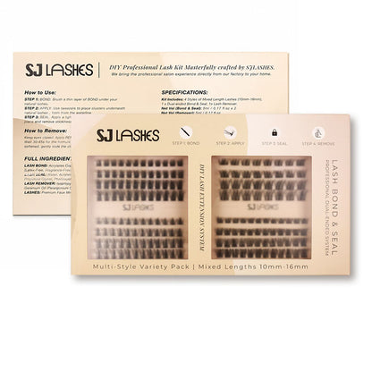 SJ LASHES DIY Professional Lash Extension Kit - Multi-Style Cluster Lashes (10-16mm) with Dual-Ended Bond & Seal and Lash Remover