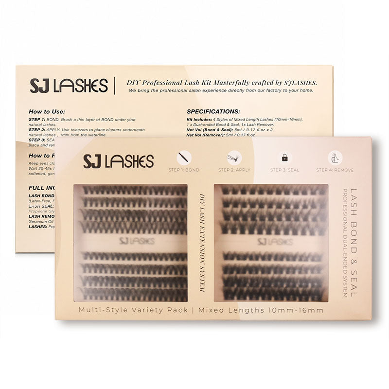SJ LASHES DIY Professional Lash Extension Kit - Multi-Style Cluster Lashes (10-16mm) with Dual-Ended Bond & Seal and Lash Remover