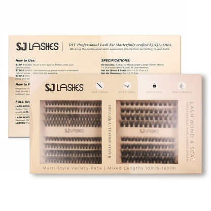 SJ LASHES DIY Professional Lash Extension Kit - Multi-Style Cluster Lashes (10-16mm) with Dual-Ended Bond & Seal and Lash Remover