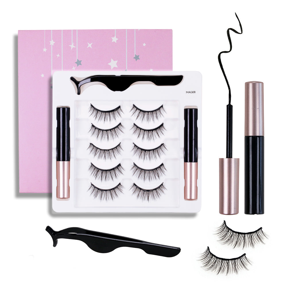 5 Pairs Magnetic Eyelashes and Eyeliner Kit - Wispy Natural Look False Lashes with Tweezers (C Curl, No Glue, Reusable)
