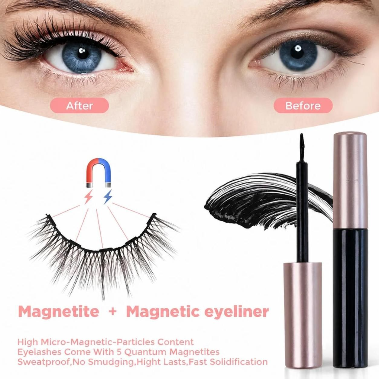 5 Pairs Magnetic Eyelashes and Eyeliner Kit - Wispy Natural Look False Lashes with Tweezers (C Curl, No Glue, Reusable)