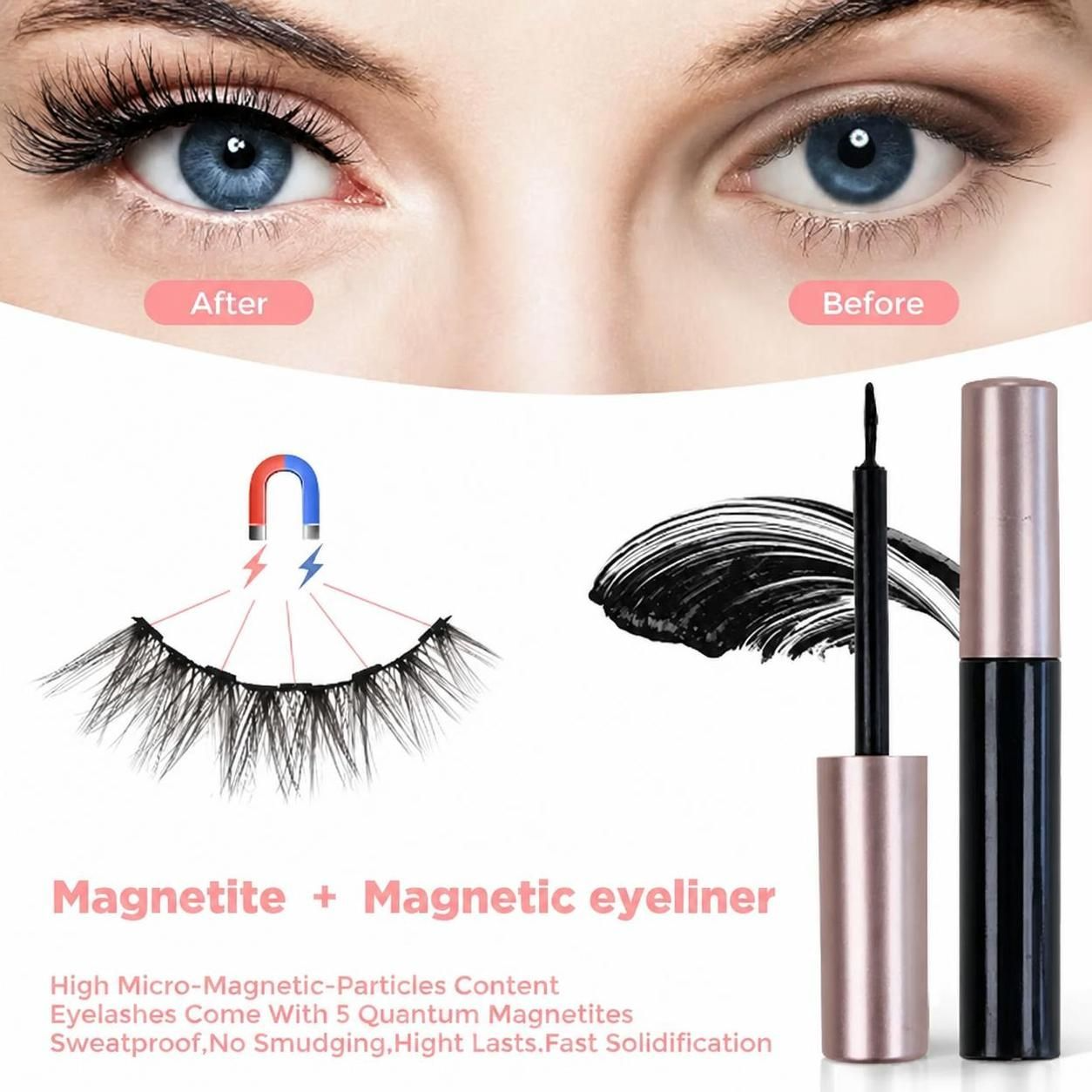 5 Pairs Magnetic Eyelashes and Eyeliner Kit - Wispy Natural Look False Lashes with Tweezers (C Curl, No Glue, Reusable)
