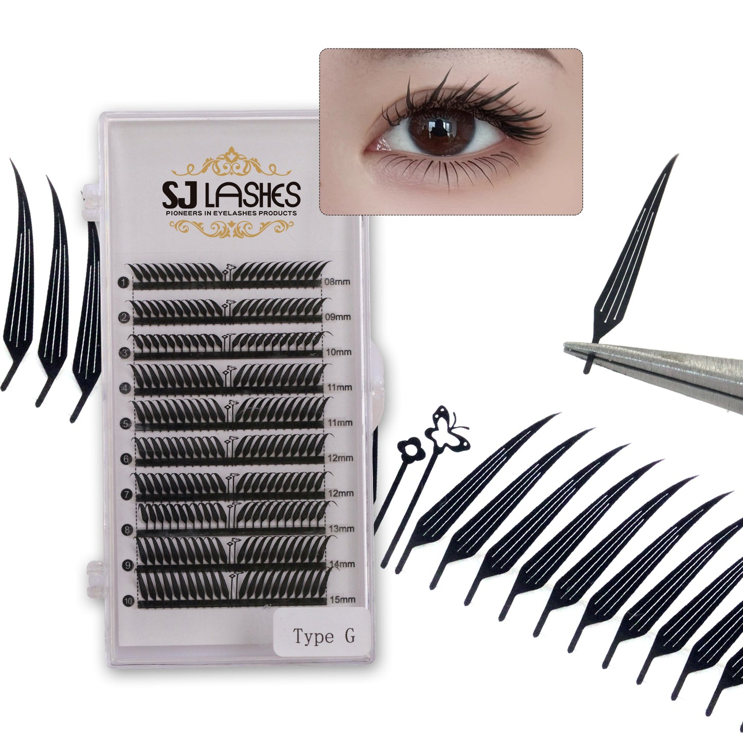 SJLASHES Manga Anime Lash Extensions 0.05mm Ultra Soft Faux Mink Premade Wispy V-Tip Spikes Fox Eye Pixie Texture 10 Rows Mixed Tray