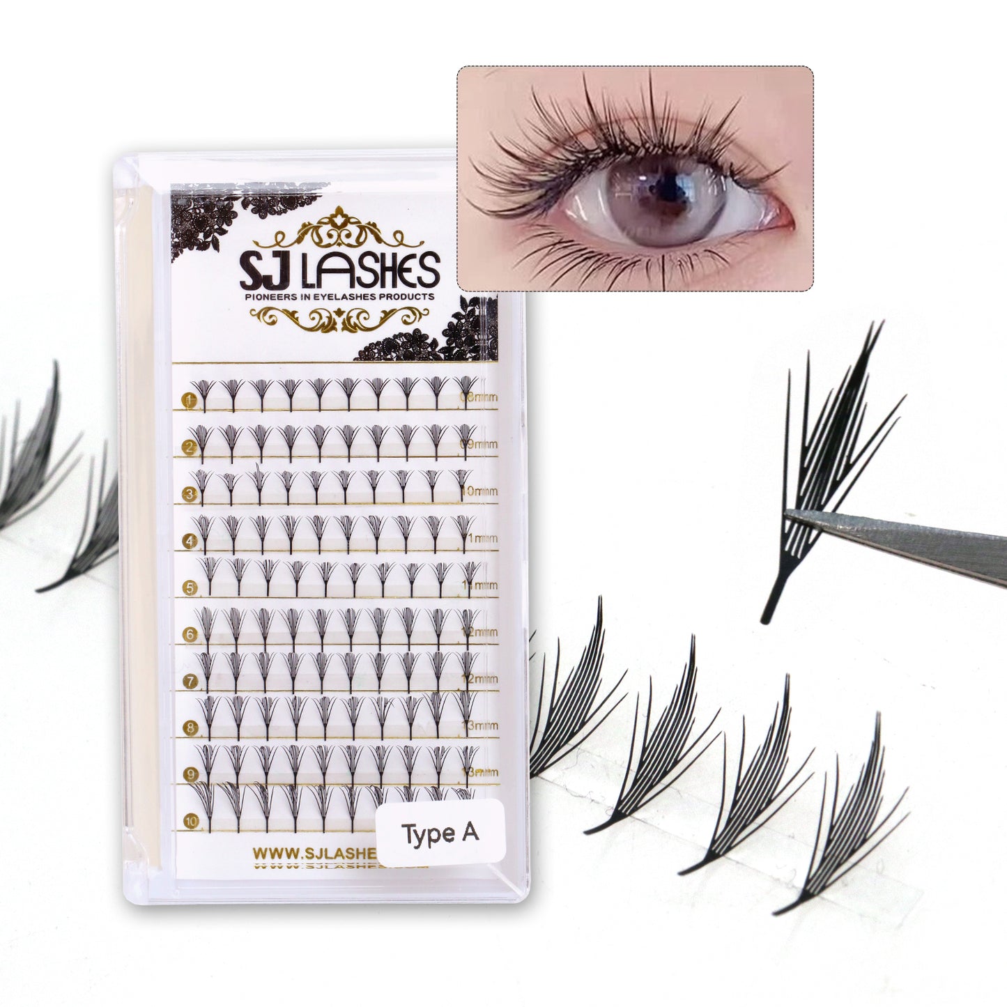 SJLASHES Manga Anime Lash Extensions 0.05mm Ultra Soft Faux Mink Premade Wispy V-Tip Spikes Fox Eye Pixie Texture 10 Rows Mixed Tray