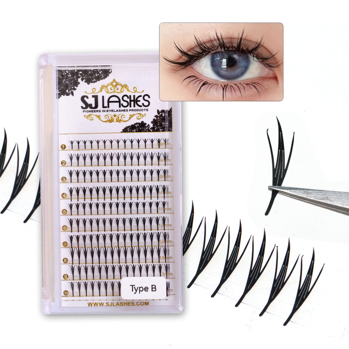 SJLASHES Manga Anime Lash Extensions 0.05mm Ultra Soft Faux Mink Premade Wispy V-Tip Spikes Fox Eye Pixie Texture 10 Rows Mixed Tray