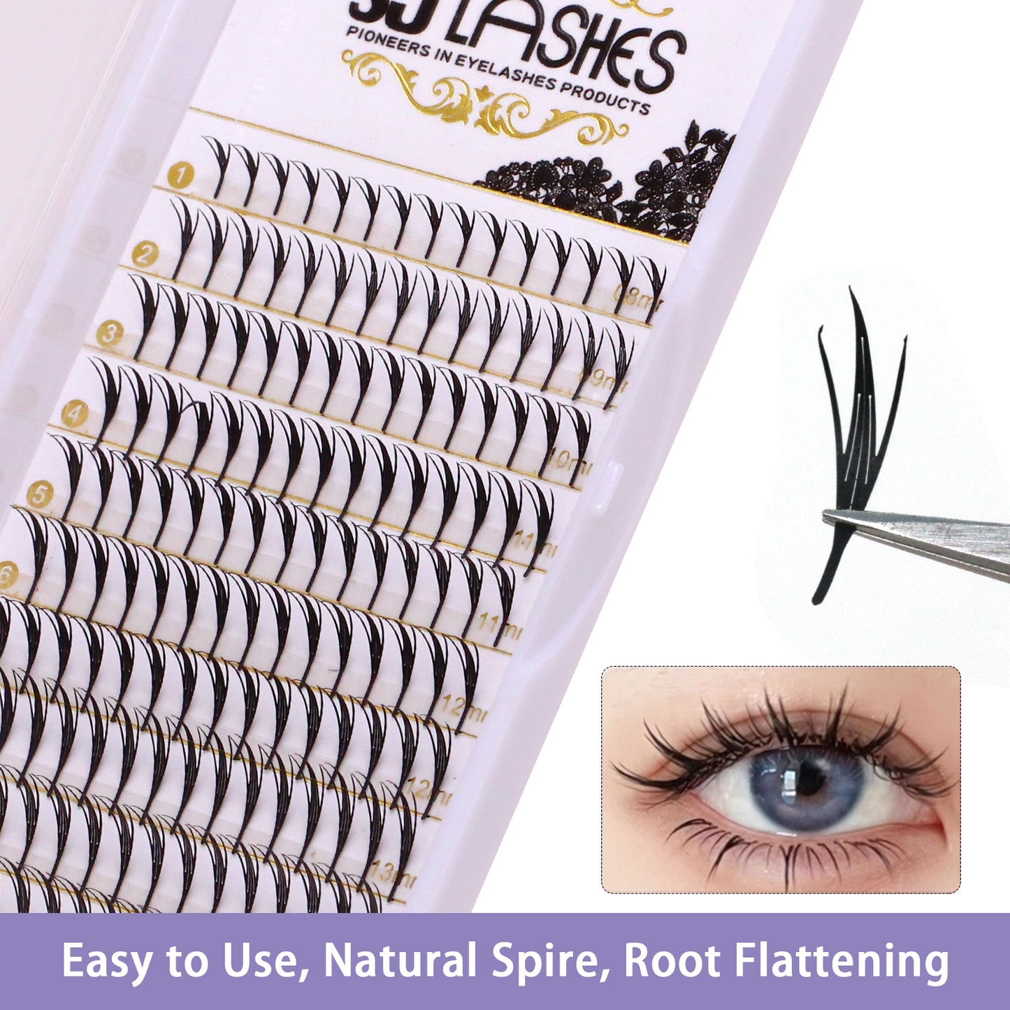 SJLASHES Manga Anime Lash Extensions 0.05mm Ultra Soft Faux Mink Premade Wispy V-Tip Spikes Fox Eye Pixie Texture 10 Rows Mixed Tray