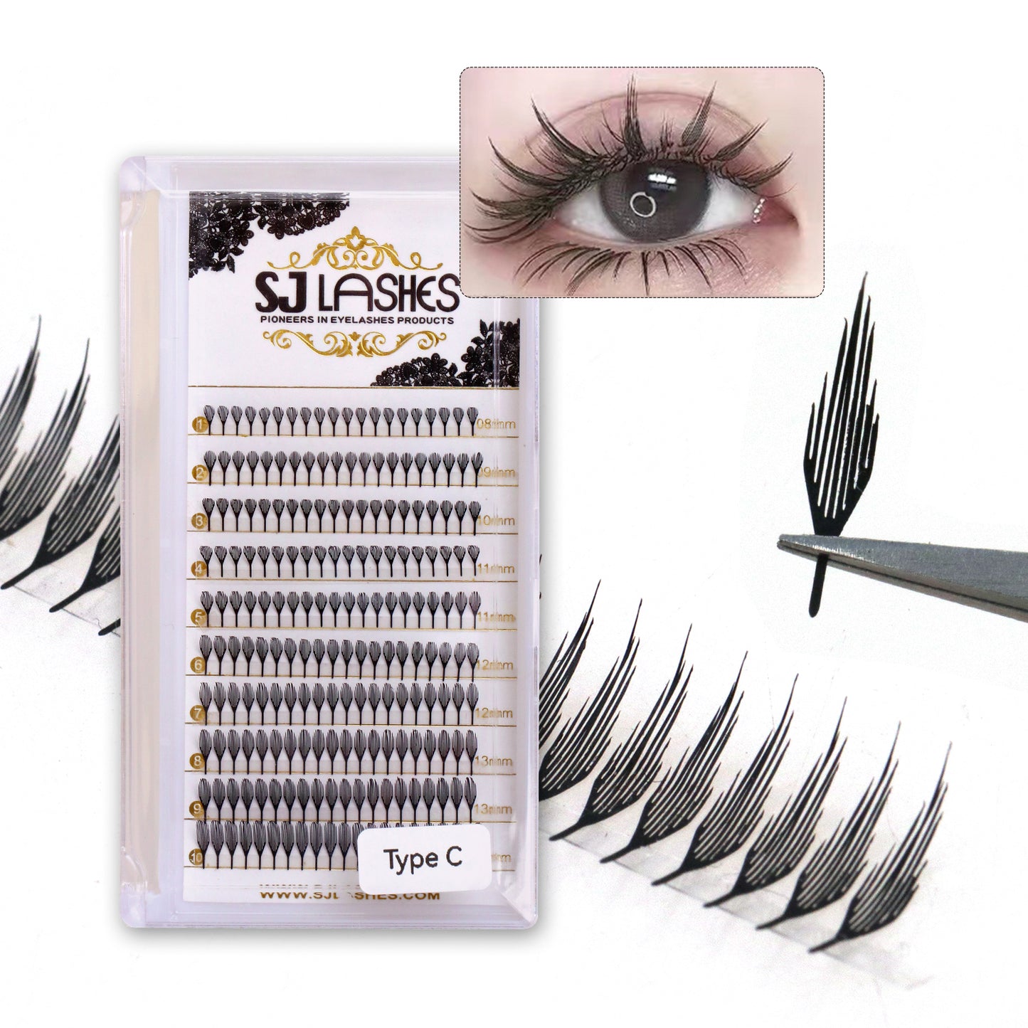 SJLASHES Manga Anime Lash Extensions 0.05mm Ultra Soft Faux Mink Premade Wispy V-Tip Spikes Fox Eye Pixie Texture 10 Rows Mixed Tray