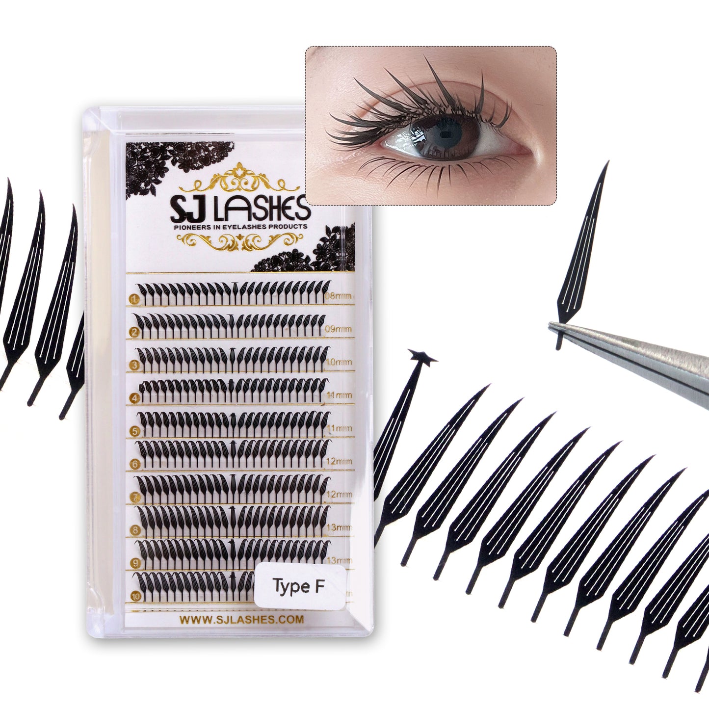 SJLASHES Manga Anime Lash Extensions 0.05mm Ultra Soft Faux Mink Premade Wispy V-Tip Spikes Fox Eye Pixie Texture 10 Rows Mixed Tray