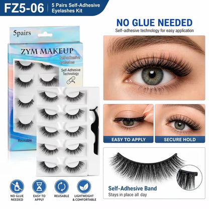 Natural Wispy Press-On False Eyelashes Kit - Self Adhesive Reusable Cat Eye Lashes No Glue Needed