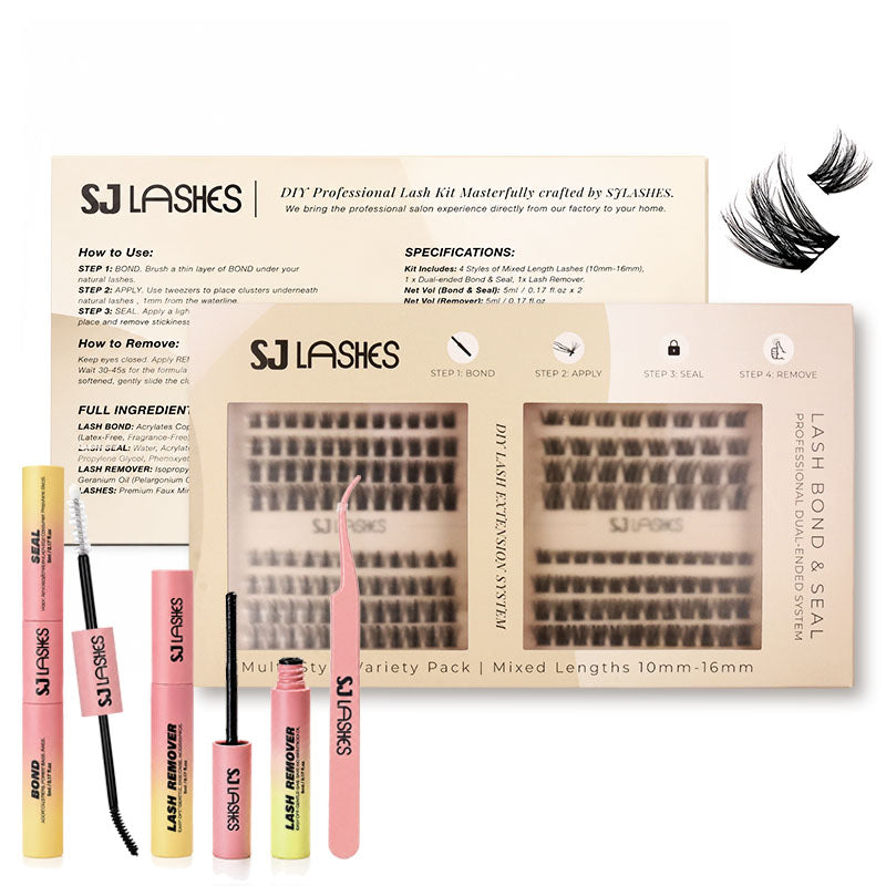 SJ LASHES DIY Professional Lash Extension Kit - Multi-Style Cluster Lashes (10-16mm) with Dual-Ended Bond & Seal and Lash Remover