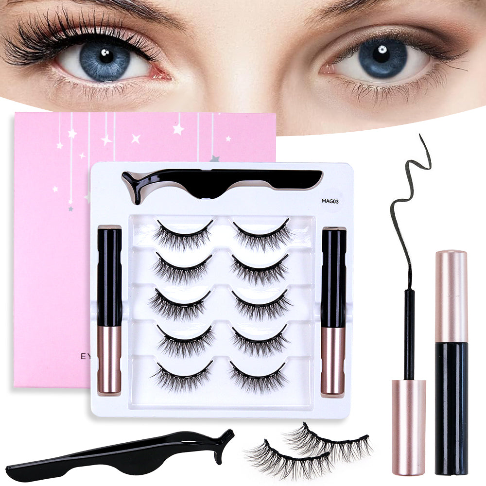 5 Pairs Magnetic Eyelashes and Eyeliner Kit - Wispy Natural Look False Lashes with Tweezers (C Curl, No Glue, Reusable)