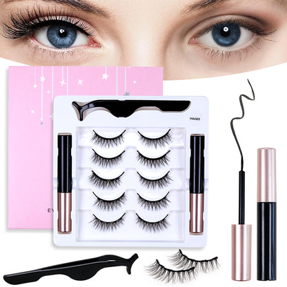 5 Pairs Magnetic Eyelashes and Eyeliner Kit - Wispy Natural Look False Lashes with Tweezers (C Curl, No Glue, Reusable)