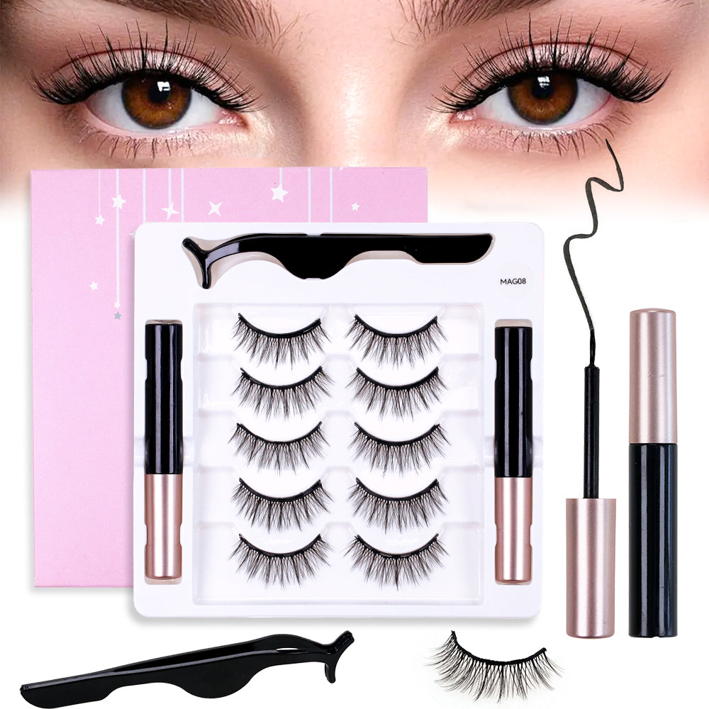 5 Pairs Magnetic Eyelashes and Eyeliner Kit - Wispy Natural Look False Lashes with Tweezers (C Curl, No Glue, Reusable)