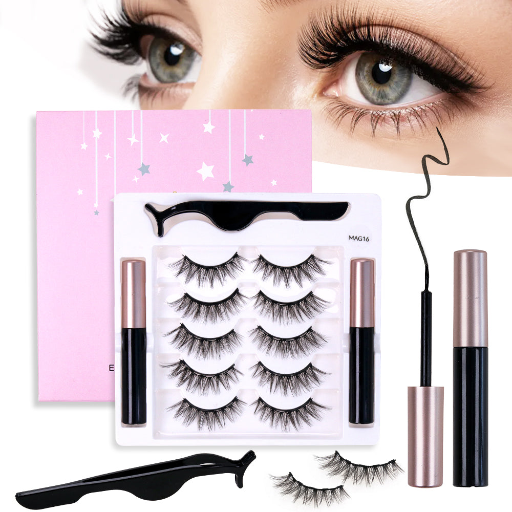 5 Pairs Magnetic Eyelashes and Eyeliner Kit - Wispy Natural Look False Lashes with Tweezers (C Curl, No Glue, Reusable)