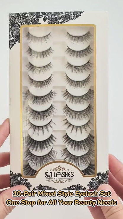 10 Pairs Faux Mink False Eyelashes Mixed Styles Multipack Fluffy Natural to Dramatic Handmade Lashes with Soft Cotton Band